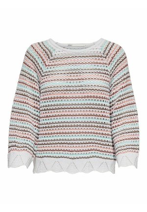 Pull en tricot avec des rayures horizontales multicolores dans des teintes pastel de rose, bleu et marron, doté d'un ourlet à volants et d'une coupe ample.