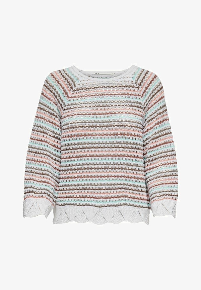 Pull en tricot avec des rayures horizontales multicolores dans des teintes pastel de rose, bleu et marron, doté d'un ourlet à volants et d'une coupe ample.