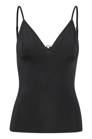 Camisole noire ajustée avec des bretelles fines réglables, décolleté en V, conception sans coutures et texture lisse. Fabriquée en matériau doux et extensible.