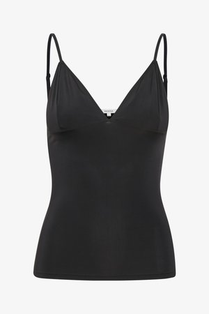 Camisola preta ajustada com alças finas ajustáveis, decote em V, design sem costuras e textura suave. Confeccionada em um material macio e elástico.