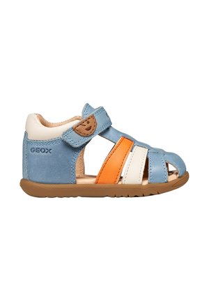Sandale pour tout-petit bleu, orange et blanc avec bout fermé, bride réglable en Velcro, semelle souple et empeigne en cuir respirant de Geox.