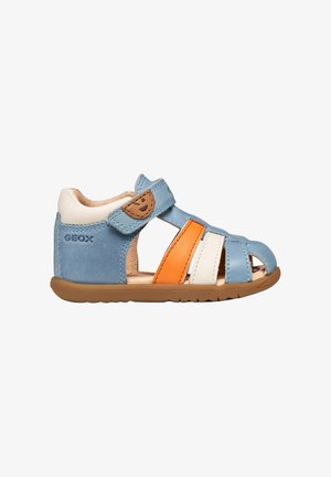 Sandale pour tout-petit bleu, orange et blanc avec bout fermé, bride réglable en Velcro, semelle souple et empeigne en cuir respirant de Geox.