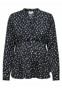 Blusa da maternità nera con pois bianchi, dotata di scollatura a V, maniche lunghe, chiusura frontale con bottoni e vita legata per uno stile aderente.