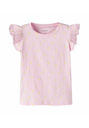 Maglietta rosa per bambina con piccolo motivo a frutta gialla e maniche corte arricciate, scollo rotondo, tessuto in morbido cotone.