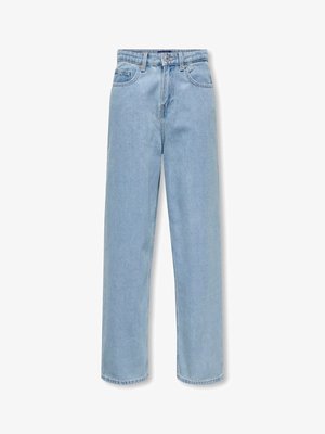 Svetlo modré džínsy s rovnými nohavicami, päť vreciek a gombíkovým zapínaním v páse. Majú jemné vyblednutie.