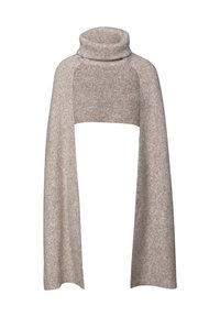 Châle en tricot beige avec un design col roulé, présentant un large devant ouvert et un tissu doux et texturé. Les longs côtés drapés améliorent la couverture.