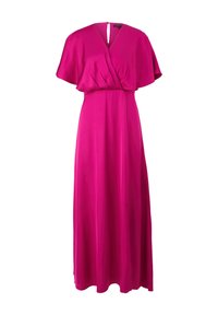 Robe longue fuchsia style portefeuille avec manches courtes évasées et décolleté en V, confectionnée dans un tissu fluide et lisse.