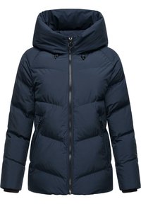 Donkerblauwe pufferjack met een hoge kraag, een rits aan de voorkant en zijzakken, met een gewatteerde textuur en elastische manchetten.