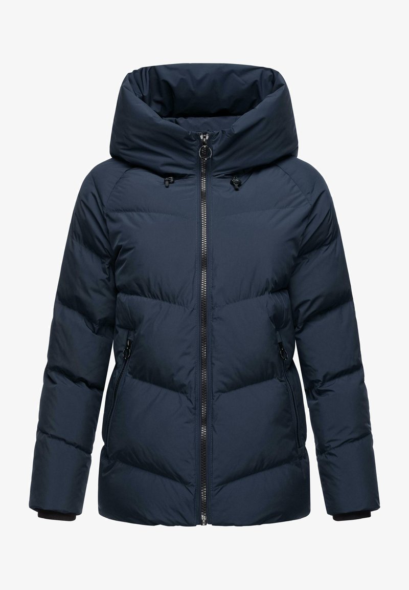 Tamsiai mėlynas pūkinis švarkas su aukštu apykakle, priekyje užtrauktuku ir šoninėmis kišenėmis, su siuvinėta tekstūra ir elastinėmis rankovėmis.