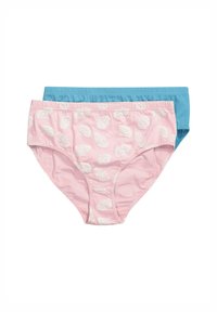 Zwei Paare Damenunterhosen: eine pinkfarbene mit weißem Blättermuster, eine einfarbig in hellblau. Weicher, elastischer Stoff; mittlere Bundhöhe.
