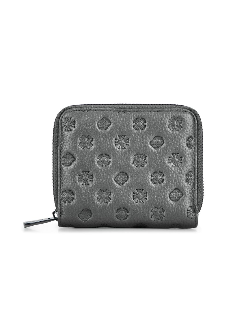 Grijze leren portemonnee met geperforeerde geometrische patronen, ritssluiting, compact ontwerp, met een textuurafwerking en ronde hoeken.