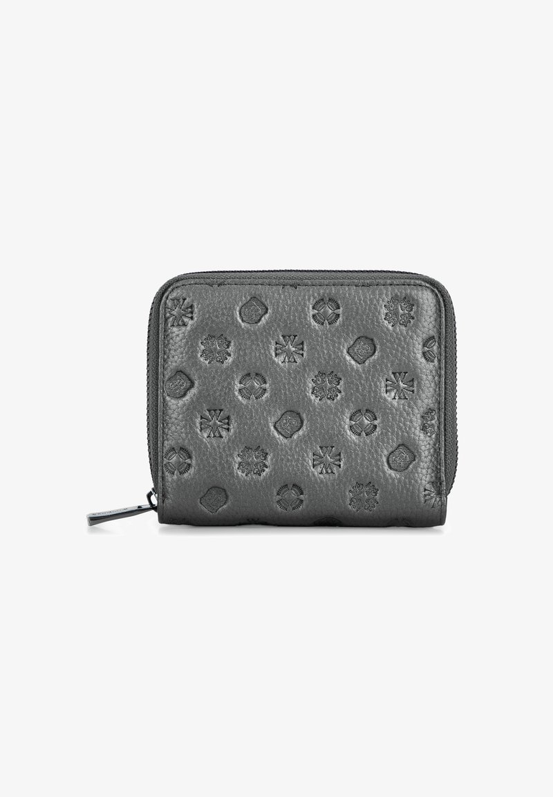 Grijze leren portemonnee met geperforeerde geometrische patronen, ritssluiting, compact ontwerp, met een textuurafwerking en ronde hoeken.