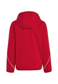 Rode hoodie met elastische boorden en onderrand, voorzien van witte piping aan de zijkanten. Glad stofoppervlak, geschikt voor gebruik buitenshuis.
