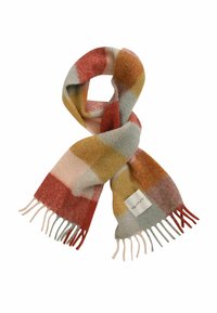 Écharpe en laine douce avec un grand motif à carreaux dans des teintes de rouge, moutarde, gris et rose, dotée de franges aux extrémités et d'une étiquette de marque GANT blanche.