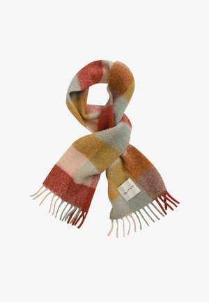 Zachte wollen sjaal met groot ruitpatroon in rode, mosterd, grijze en roze tinten, met franjes aan de uiteinden en een wit GANT merklabel.