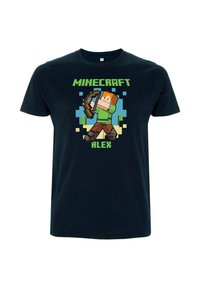 Námořnické bavlněné tričko s pixelovou grafikou postavy držící krumpáč s zelenými a hnědými akcenty, označené "MINECRAFT ALEX."