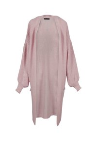 Lange cardigan met open voorkant in lichtroze, gebreide textuur, oversized silhouet, met ballonmouwen en twee zijzakken.