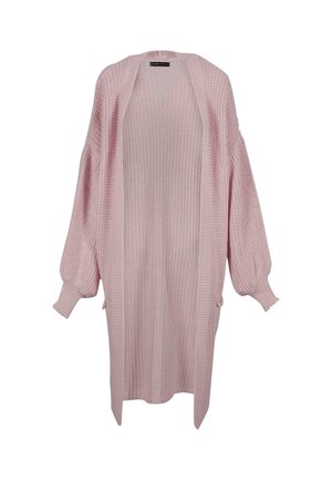 Dlouhý cardigan s otevřeným předním dílem v světle růžové barvě, pletená textura, oversized silueta, s balónovými rukávy a dvěma bočními kapsami.