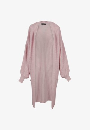 Duga, otvorena kardigan u svijetlo ružičastoj boji, pletena tekstura, oversized silueta, s balon rukavima i dva bočna džepa.