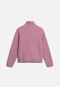Roze fleece pullover met een hoge kraag, lange mouwen en een relaxte pasvorm. Glad textuur met een minimalistisch ontwerp en geen zichtbare sluitingen.
