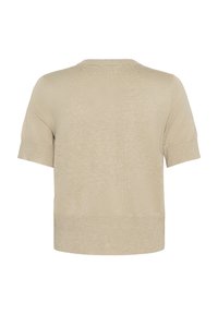 Beige short-sleeve knit top with a round neckline. Soft texture and relaxed fit, featuring a smooth surface and subtle sheen.