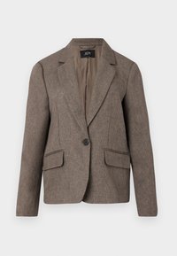 Hnedý strihový blazer s jedným čiernym gombíkom, známkami klopového goliera, dvoma prednými vreckami so záklopkou a dlhými rukávmi, vystavený na bielom pozadí.