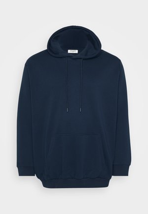Navy blue hoodie in cotton blend, featuring a drawstring hood, front kangaroo pocket, ribbed cuffs, and a relaxed fit design.