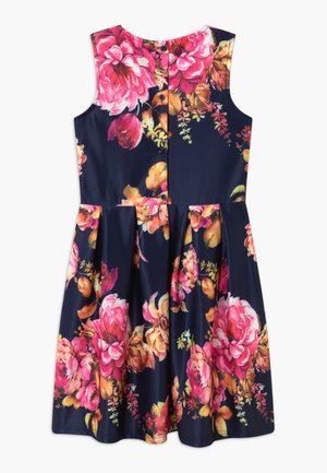 Ærmeløs navy kjole med stort pink, orange og gult blomsterprint, knaplukning bagpå og plisseret nederdel.