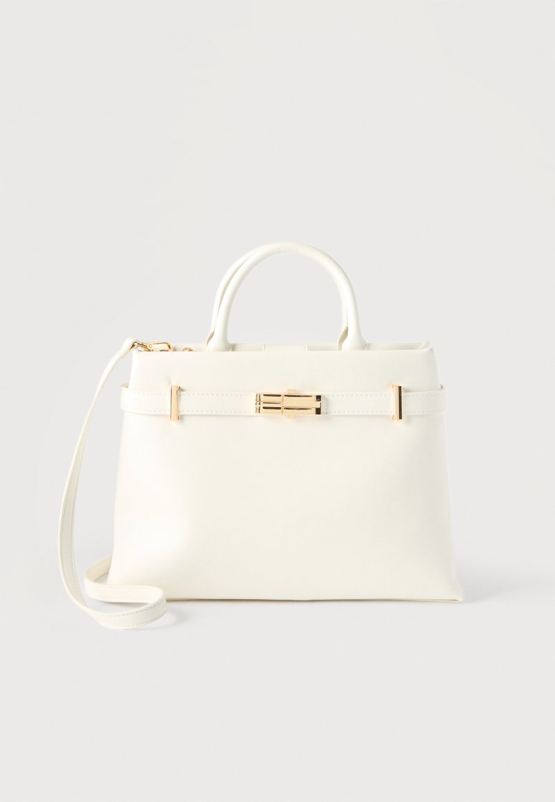 White leather handbag with top handles, gold clasp, and detachable shoulder strap on a plain white background.