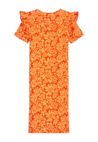 Raudona raibota suknelė su trumpomis nublizgintomis rankovėmis. Puošia oranžinė gėlių raštas ant tekstūruoto fondo. Tiesioginis, prigludęs siluetas.