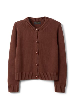 Cardigan marrone in maglia con scollo rotondo, maniche lunghe, cinque bottoni sul davanti e polsini e orlo a coste.