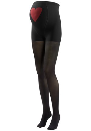 Schwarze Schwangerschaftsstrumpfhosen mit transparenten Beinen und einem blickdichten Bündchen, die ein rotes Herzdesign auf der Rückseite aufweisen. Weiches, dehnbares Material.