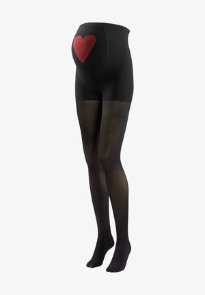 Schwarze Schwangerschaftsstrumpfhosen mit transparenten Beinen und einem blickdichten Bündchen, die ein rotes Herzdesign auf der Rückseite aufweisen. Weiches, dehnbares Material.