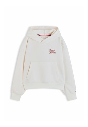 Weißer Hoodie mit Fronttasche und rotem "Tommy Hilfiger" Schriftzug auf der linken Brust, Kapuze sowie gerippten Bündchen und Saum.