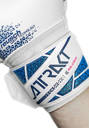 Guanti da portiere con accenti bianchi e blu, presentano un'area di presa testurizzata, un motivo esagonale e un cinturino regolabile con branding.