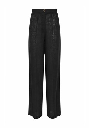 Pantalons en lin noirs au design à jambes larges, avec une fermeture à bouton à l'avant et un tissu texturé verticalement. Présente une coupe ample pour plus de confort.