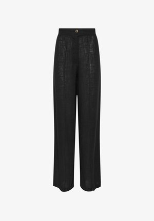 Sorte linnedragter med bred ben design, frontknaplukning og lodret tekstureret stof. Har en løs pasform for komfort.