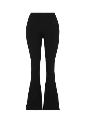 Pantaloni neri a zampa d'elefante con vita alta, realizzati in un tessuto texturizzato e con un logo ricamato in modo sottile sul davanti.