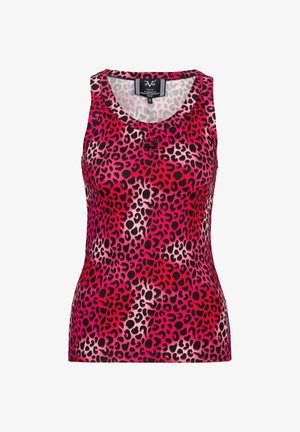 Ärmelloses Oberteil mit einem pinkfarbenen und schwarzen Leopardenmuster, geripptem Textur und rundem Ausschnitt. Das Material scheint dehnbar und figurbetont zu sein.