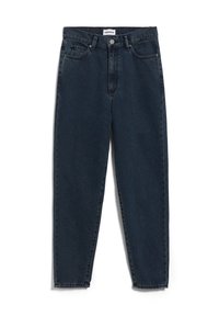 Mörkblå denimjeans med rak passform, fem fickor och knappstängning. Mellanhög midja med kontrasterande sömmar och texturerad tyg.