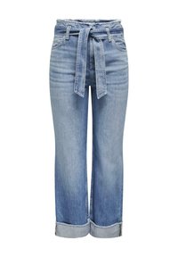 Gai zili denima džinsi ar augstu jostasvietu, saišu jostu un platām kājām. Iezīmēti ar sarullētām aprocēm un vieglu izbalējušu efektu pa priekšu.