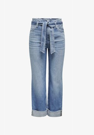 Lichtblauwe denim jeans met een hoge taille, strikceintuur en een wijduitlopende ontwerp. Bevat opgerolde manchetten en subtiele vervaging aan de voorkant.