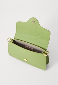 Borsa a tracolla verde in pelle con superficie texture, chiusura a pattina, dettagli in hardware dorato e un ampio interno foderato di un colore neutro.