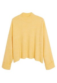 Żółty, krótkiego kroju sweter z prążkowanym dekoltem, długimi rękawami i podwiniętymi mankietami. Wykonany z miękkiego materiału, z delikatnym melanżowym wzorem.