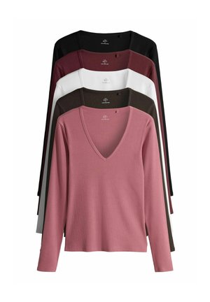 Langarm-V-Ausschnitt-Shirts in fünf Farben: Pink, Burgunderrot, Weiß, Dunkelbraun und Schwarz. Rippstruktur, weicher Stoff, lässiges Design.