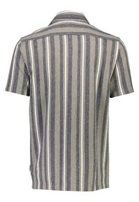 Camicia a maniche corte in tessuto tessuto con righe verticali grigie, blu navy e bianche. Design con colletto e spalla posteriore per una maggiore struttura.