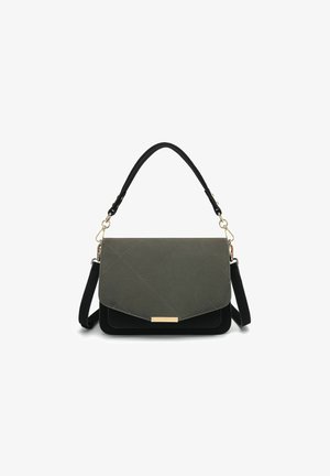 Kurtkowana torebka w oliwkowym kolorze z czarnymi akcentami, z płaskim klapką, złotymi elementami oraz regulowanym paskiem dla większej wszechstronności.