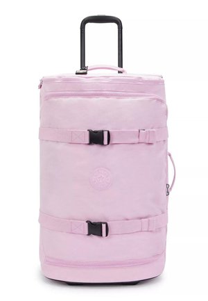 Pink rolling backpack with a telescoping handle, adjustable straps, front zip pocket, and logo patch. Soft fabric exterior, durable design.