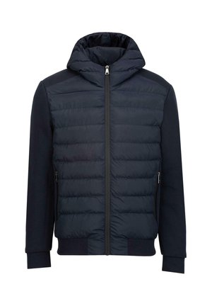 Marineblaue Daunenjacke mit Kapuze, durchgehendem Frontreißverschluss, seitlichen Reißverschlusstaschen und gerippten Bündchen und Saum.