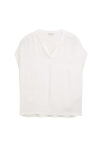 Blouse blanche à manches courtes avec un décolleté en V, texture douce, coupe ample et couture subtile au niveau des épaules et de l'ourlet.